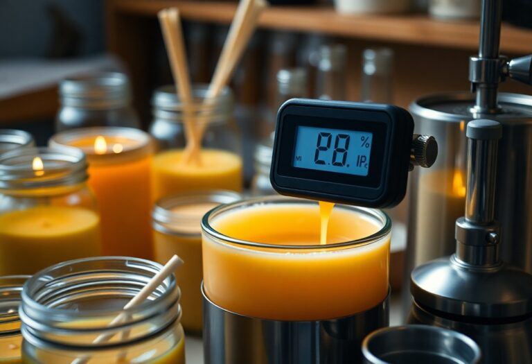 Using thermometers to ensure proper wax temperature for candle making.