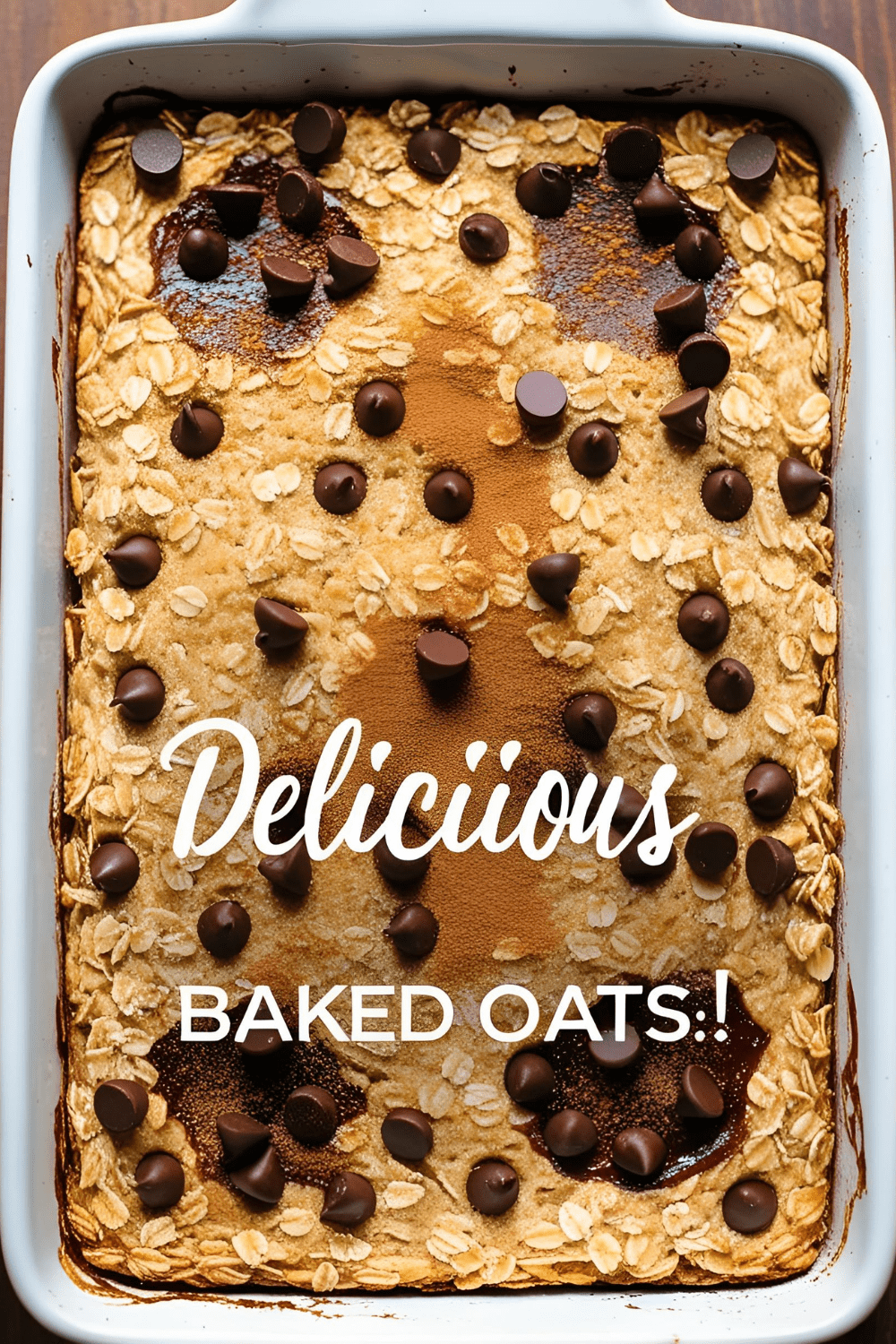 Baked oats freshly baked with a golden top and chocolate chips, ready to eat.