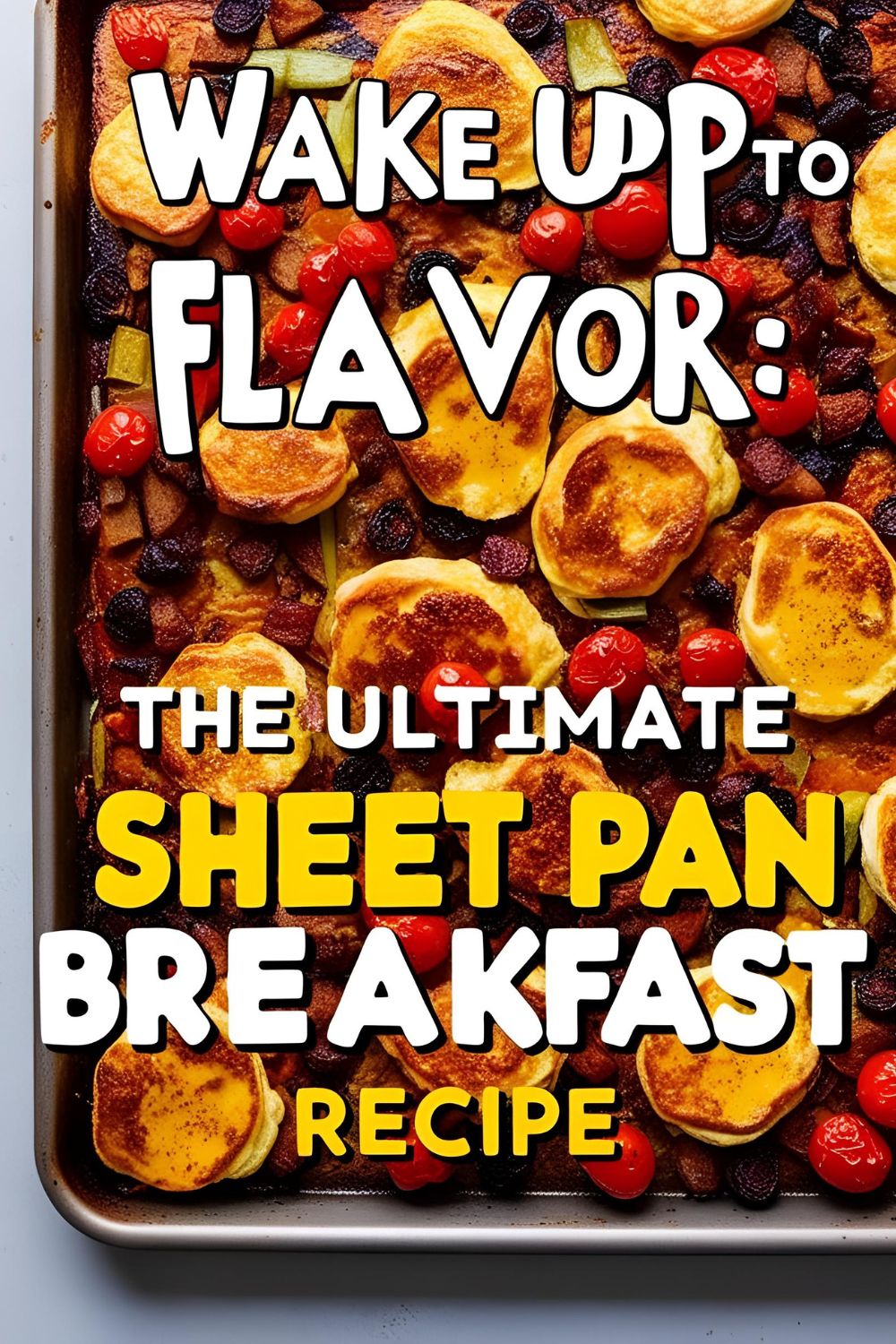 A colorful sheet pan filled with roasted potatoes, sausage, and sunny-side-up eggs, garnished with fresh herbs