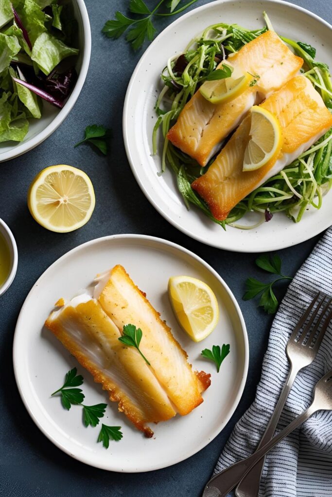 Garlic lemon fish fillets on a plate with parsley garnish and olive oil drizzle