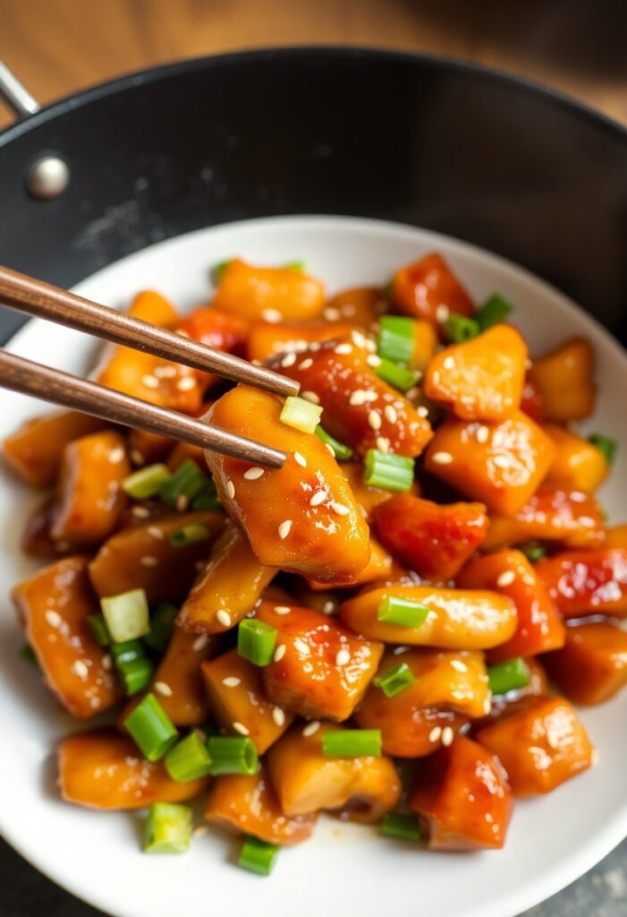 Asian-style stir-fry plated with sesame garnish, quick and easy home-cooked meal