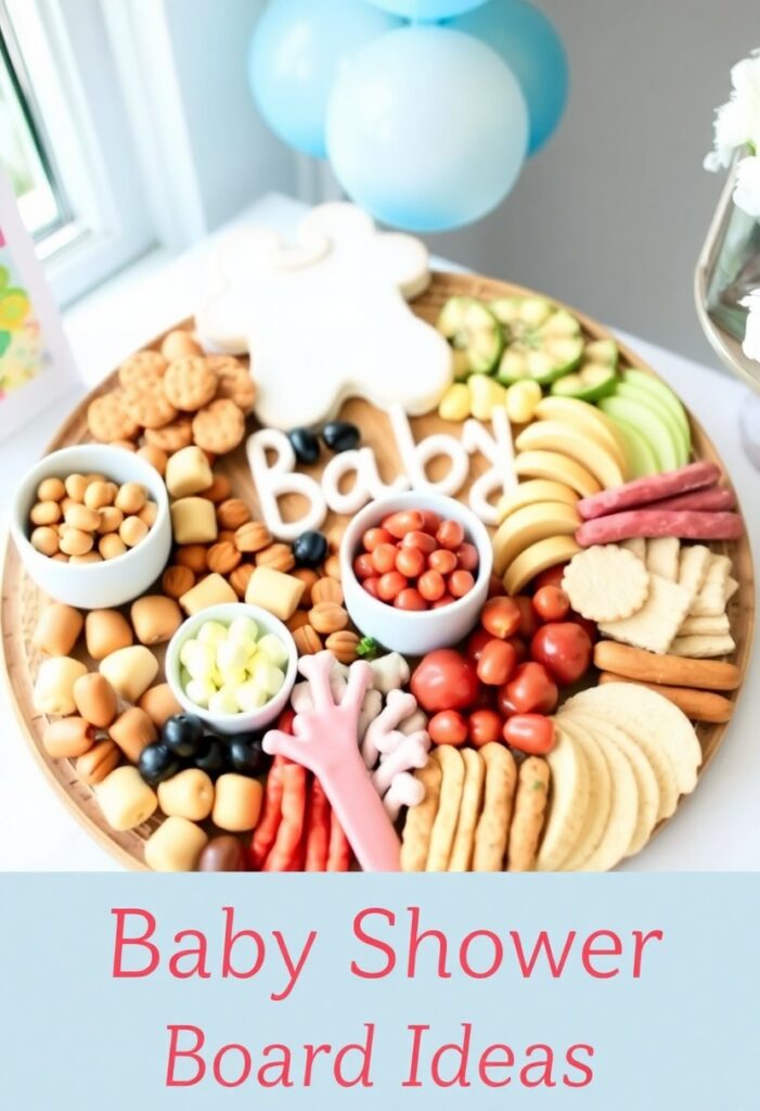 A gorgeous Baby Shower Snack Board filled with colorful fruit, sandwiches, cheese, and sweet treats.