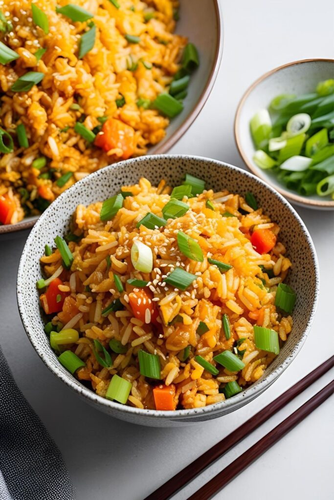 "Close-up of freshly cooked Benihana-style fried rice in a wok, highlighting golden rice, scrambled eggs, and colorful vegetables."