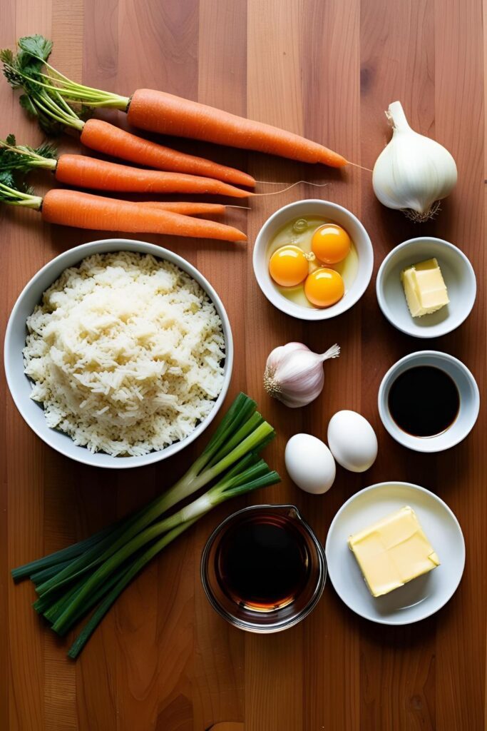 "Flat lay of ingredients for Benihana fried rice including rice, eggs, carrots, onions, garlic, soy sauce, and butter on a wooden surface."