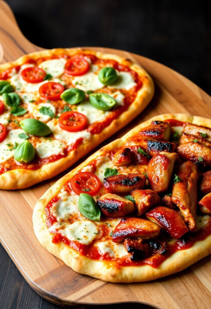 Two pizzas side by side: one Margherita, one BBQ chicken, freshly baked with vibrant toppings.