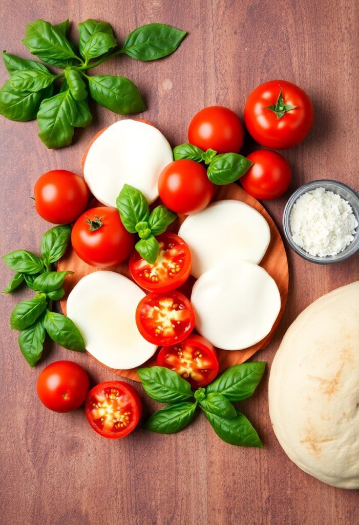 Homemade pizza with golden crust, fresh mozzarella, and fresh basil leaves.