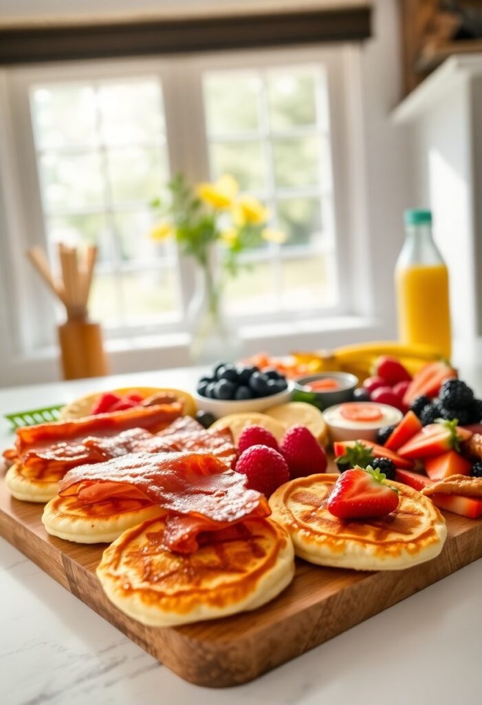 A vibrant and inviting breakfast board featuring yogurt bowls, berries, croissants, and sausage links beautifully arranged.