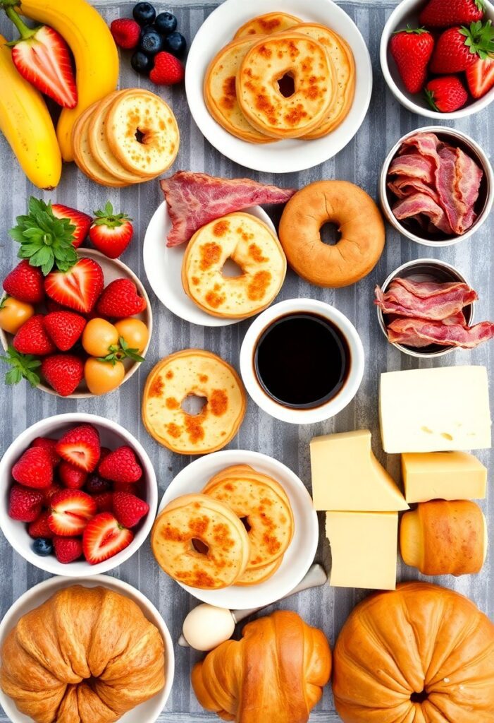 Colorful breakfast board full of delicious treats like mini pancakes, bacon, berries, and croissants for an epic brunch.