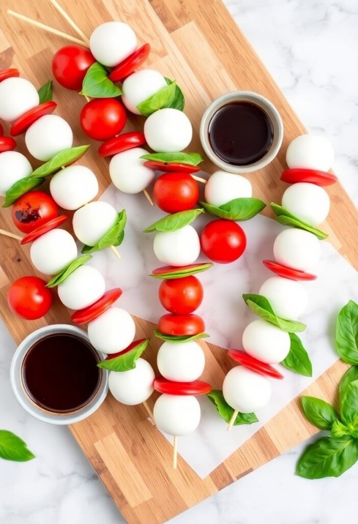 Caprese salad skewers with cherry tomatoes, basil leaves, and mozzarella balls on wooden sticks, displayed on a serving board with a small bowl of balsamic glaze for dipping, styled for a party or picnic.