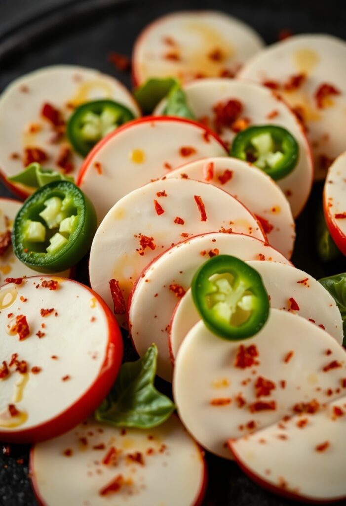 Spicy Caprese salad with sliced jalapeños, chili oil drizzle, and fresh mozzarella and tomatoes, arranged on a dark ceramic platter with moody lighting and bold colors.