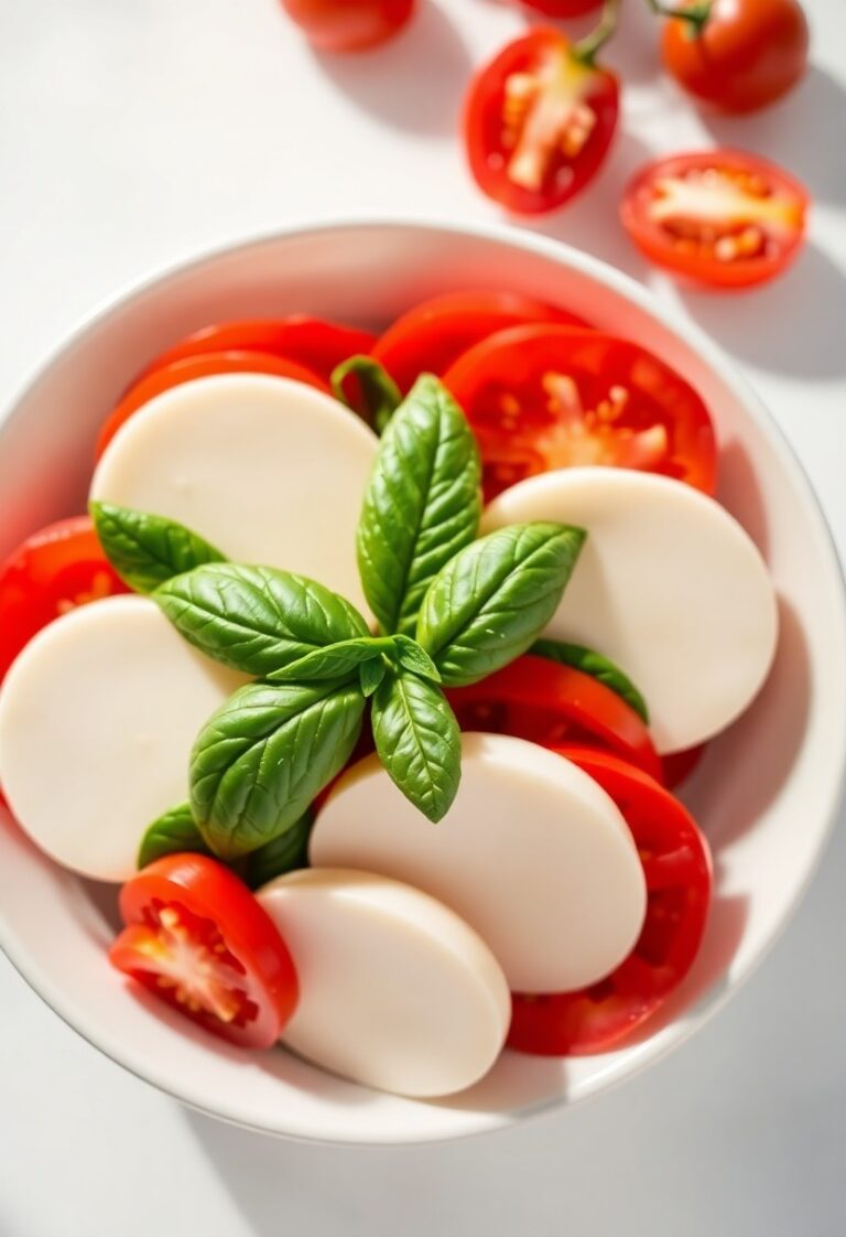 Overhead shot of a traditional Caprese salad with fresh mozzarella, ripe tomatoes, and basil leaves, drizzled with olive oil and balsamic glaze, styled on a white plate with a clean, minimalist background.