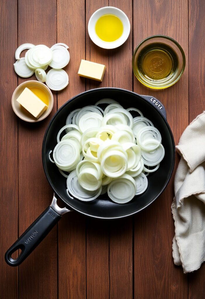 Fresh yellow onions, butter, olive oil, and salt arranged neatly on a wooden counter—essential ingredients for making perfect caramelized onions from scratch.