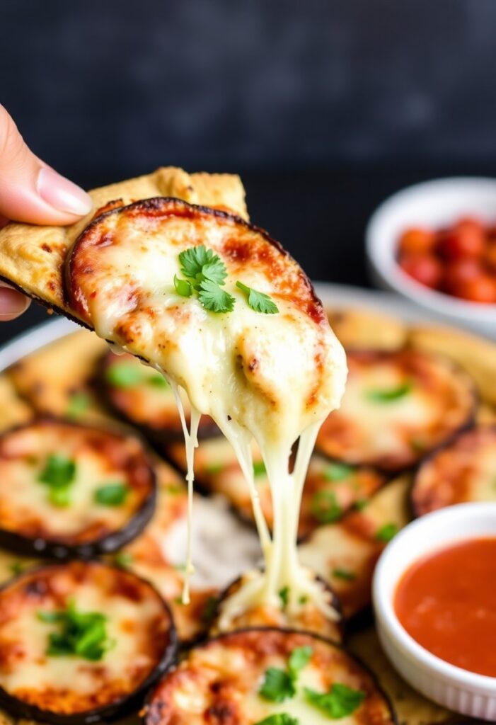 Golden brown eggplant slices topped with melted cheese, tomato sauce, and herbs, served on parchment as a healthy pizza alternative.