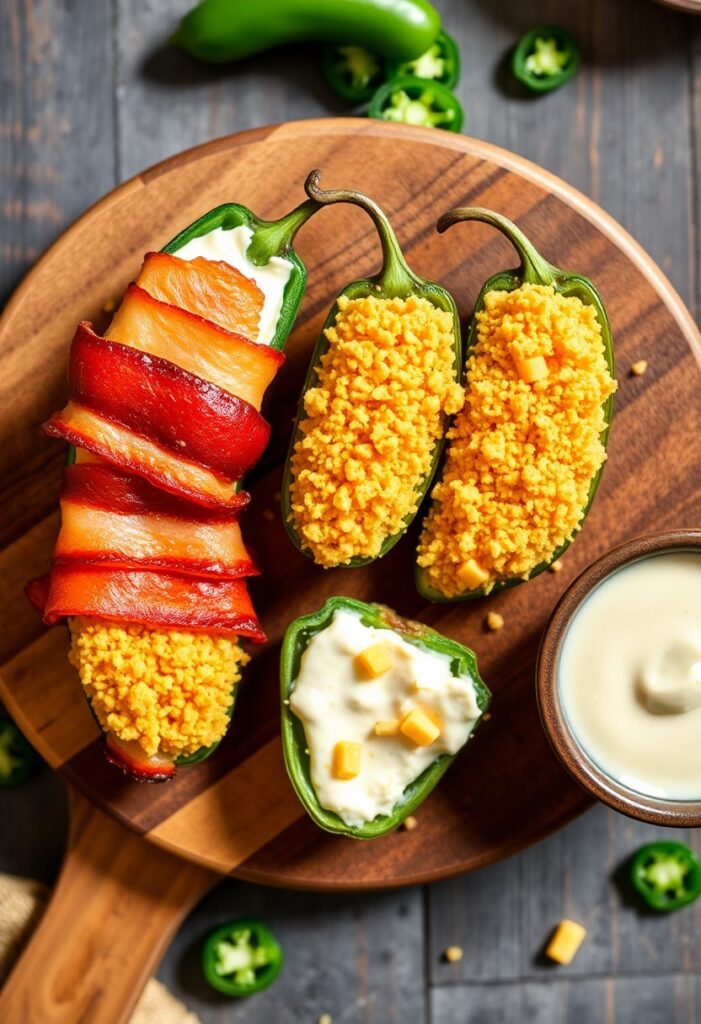 Two versions of cooked jalapeño poppers—one with crispy bacon, one breadcrumb-topped—on a wooden board with fresh jalapeños and dipping sauce.