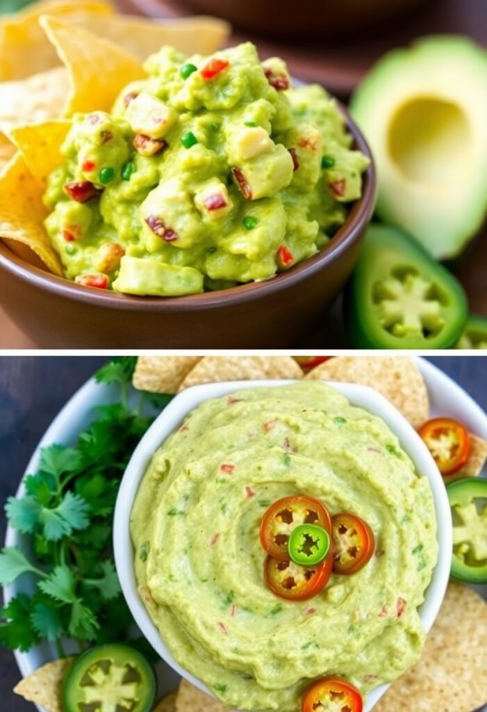 Vibrant green Chipotle guacamole close-up with jalapeños, cilantro, and chips.