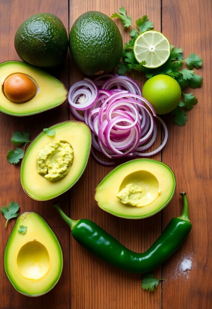 Fresh and chunky Chipotle guacamole served with tortilla chips, top view.