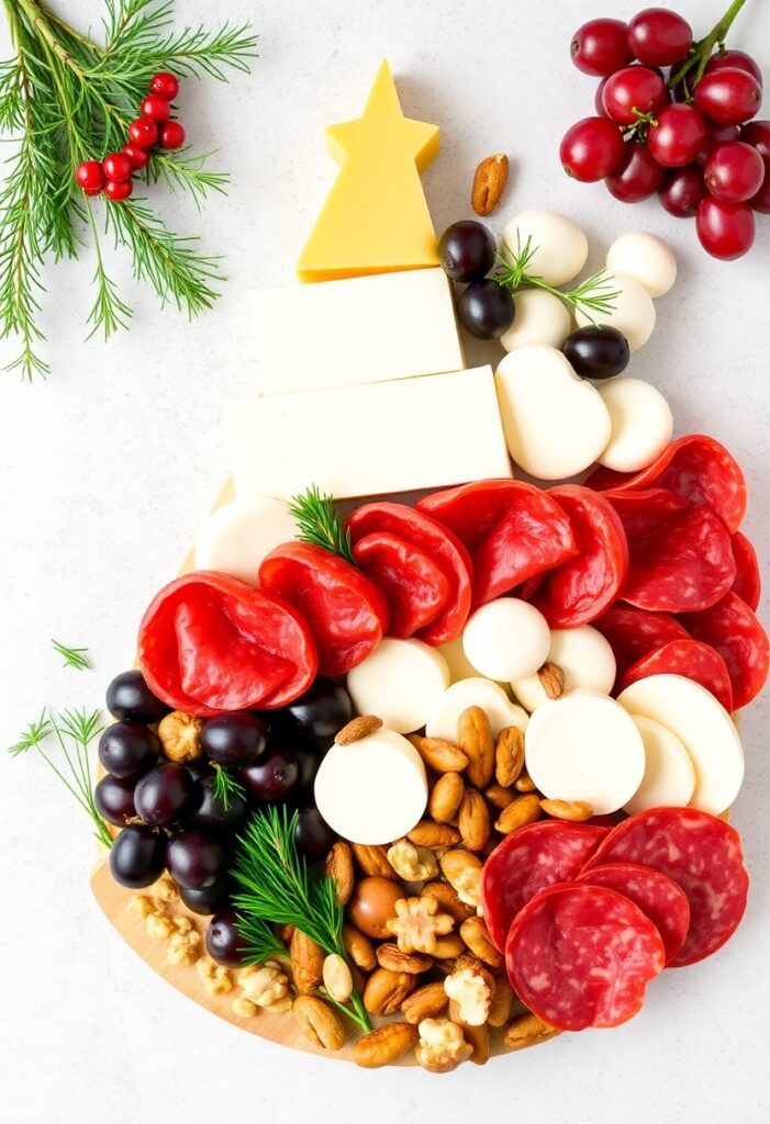 Delicious holiday snack board shaped like a Christmas tree with festive ingredients.