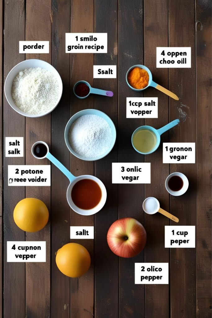 Flat lay photo of cinnamon roll ingredients including flour, sugar, butter, eggs, milk, cinnamon, and cream cheese arranged on a rustic wooden surface with labeled captions.