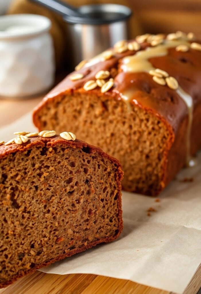  Golden brown loaf of Cheesecake Factory brown bread sliced on a rustic cutting board.