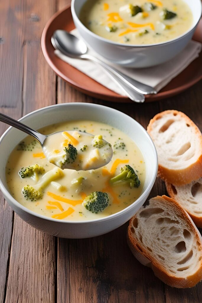 Two versions of homemade Panera broccoli cheddar soup—one zoomed-in showing creamy texture and cheesy goodness, the other in a rustic bowl with bread.