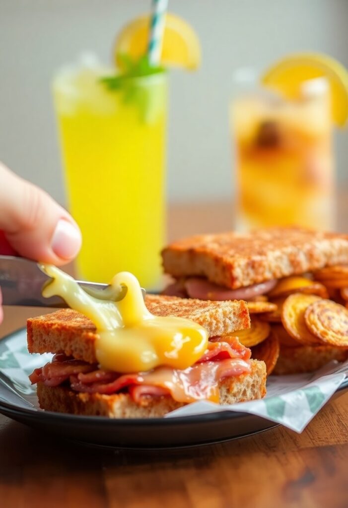 Side view of a toasted Cuban sandwich showing layers of meat, melted cheese, and pickles with golden crust.