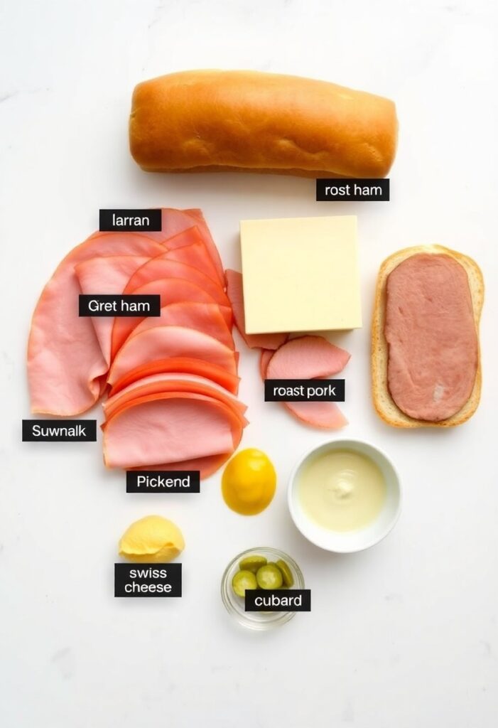 Crispy Cuban sandwich with melty cheese and pickles, served on a wooden board with mustard.