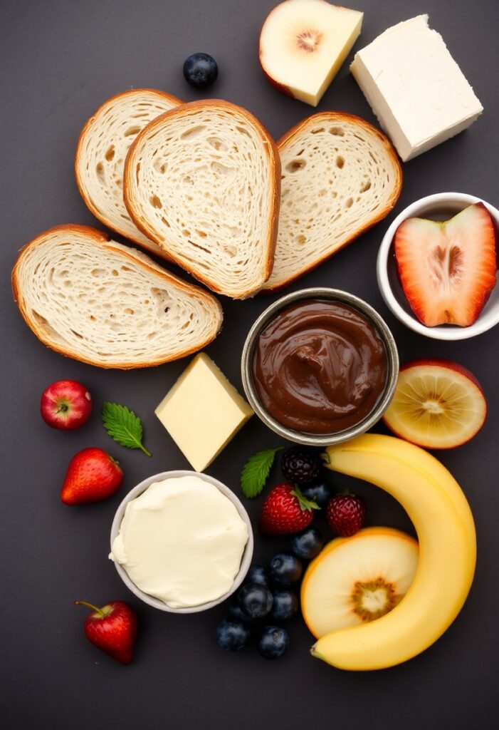  A plated dessert grilled cheese sandwich with visible layers of cheese, fruit, and chocolate.
