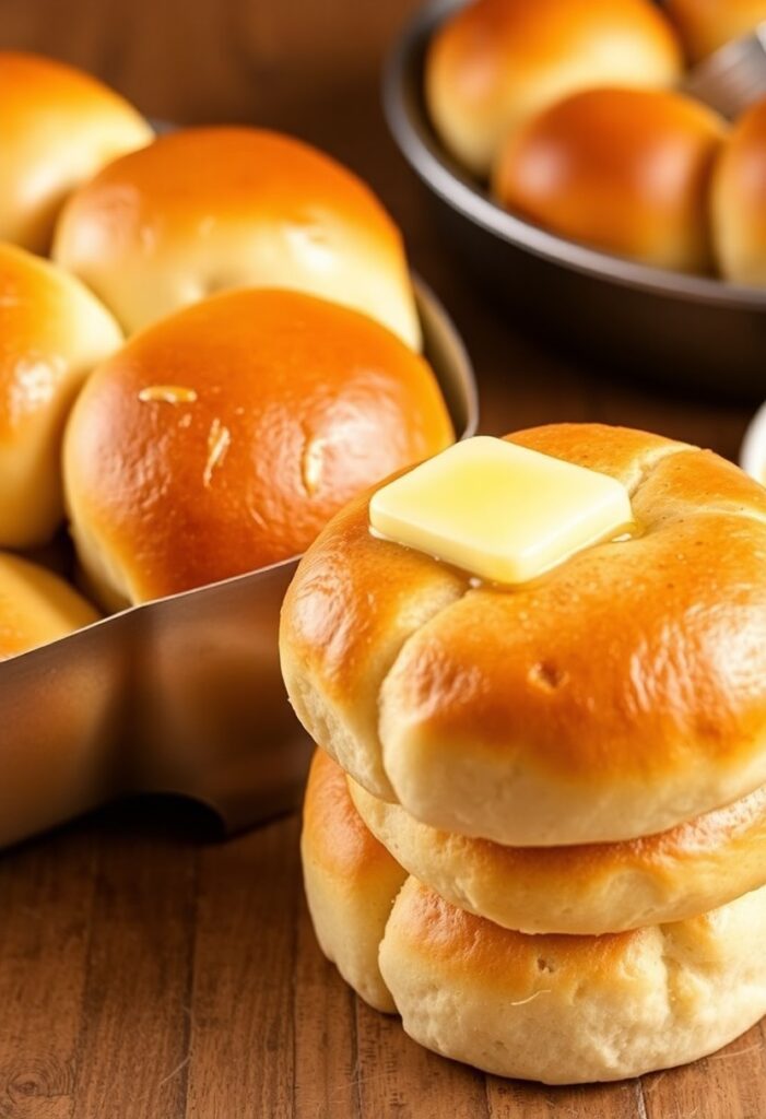Freshly baked golden copycat Texas Roadhouse rolls ready to serve.
