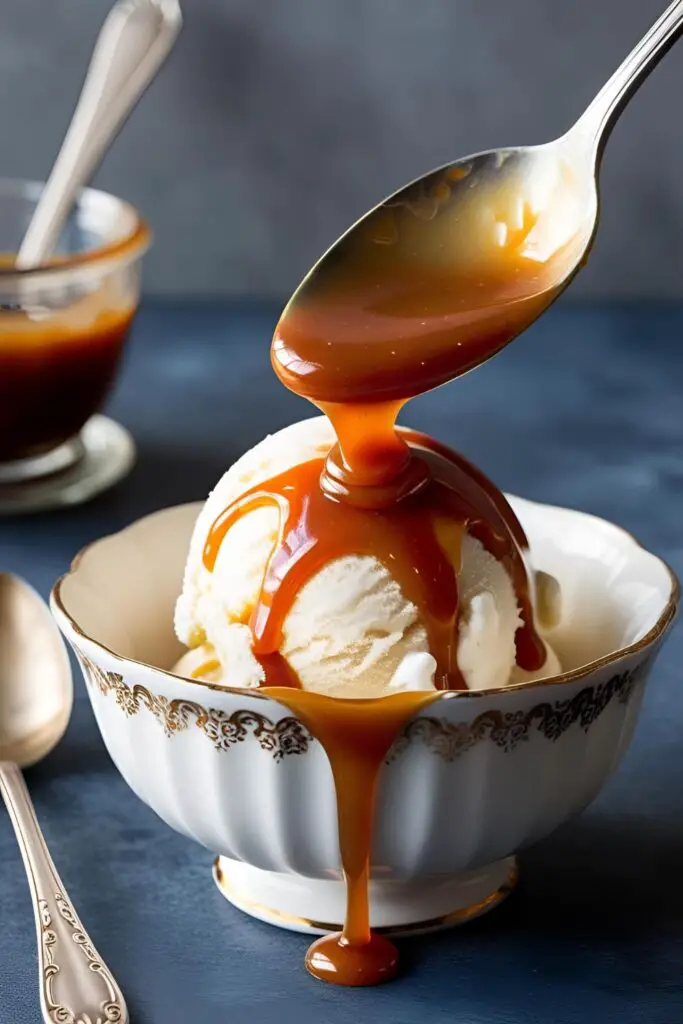  Close-up of spoonful of homemade salted caramel sauce.