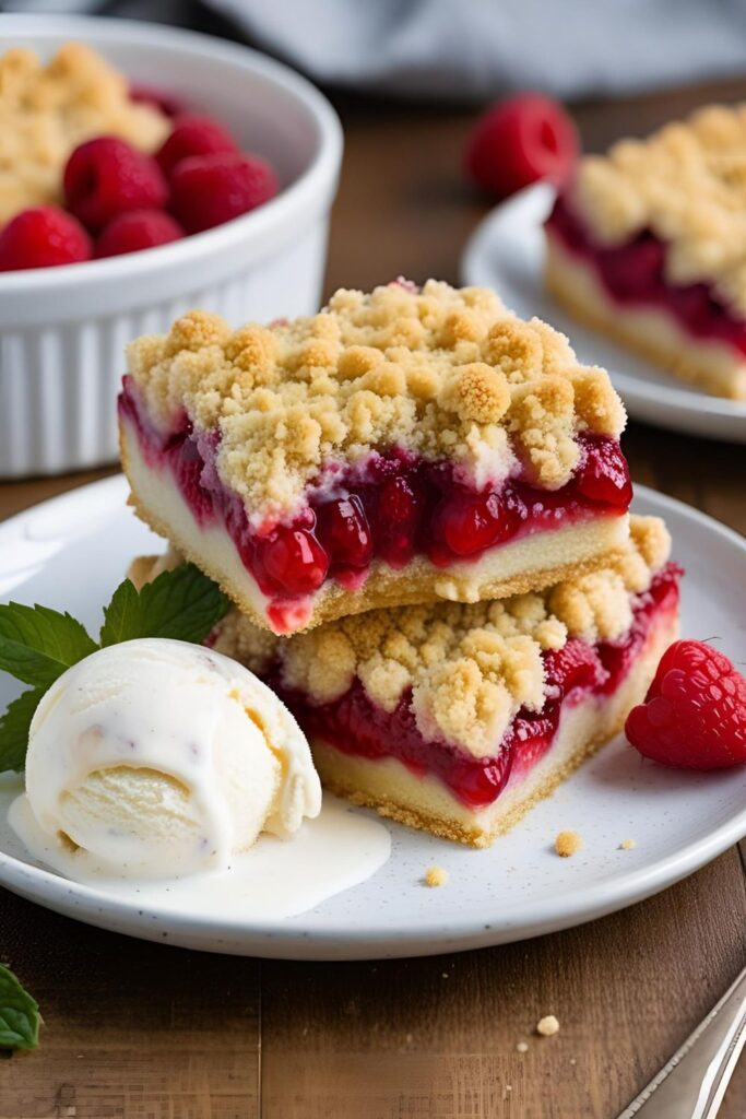 Raspberry crumble bars served on a plate with a scoop of vanilla ice cream.