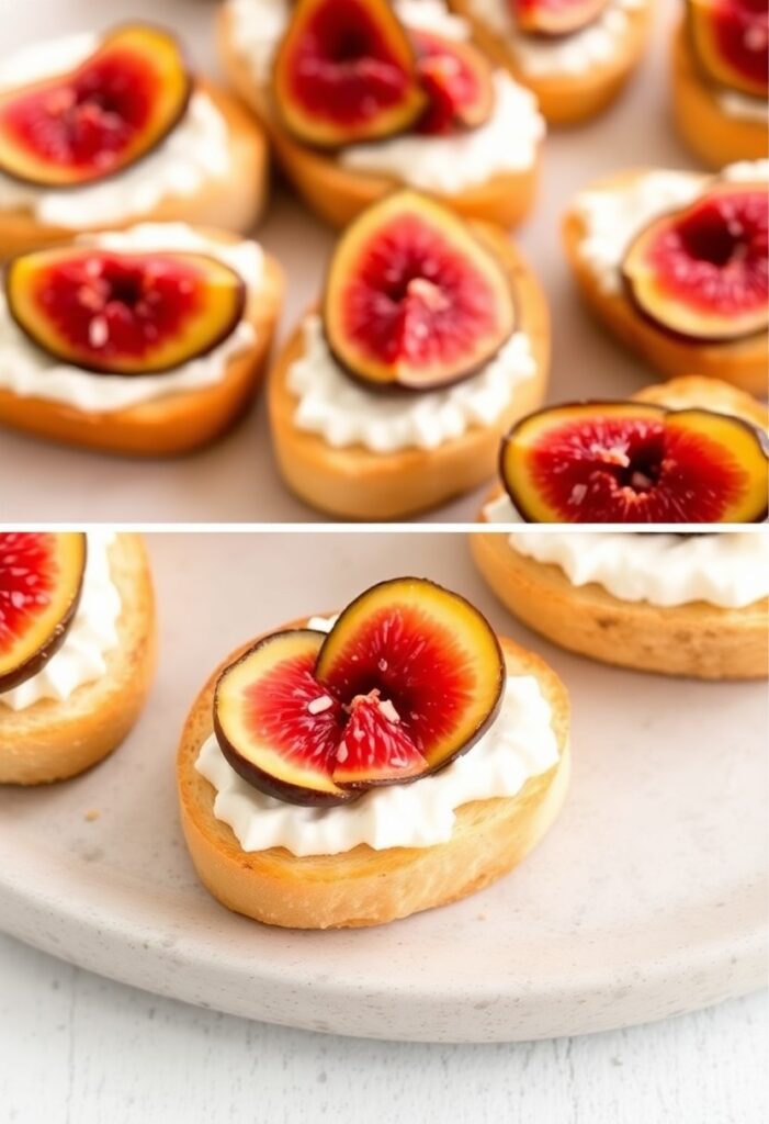 Close-up of creamy goat cheese and fig spread on crispy crostini with honey drizzle and thyme.