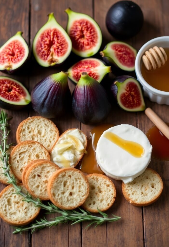 Elegant fig and goat cheese appetizer on toast garnished with herbs, perfect for parties and charcuterie boards.