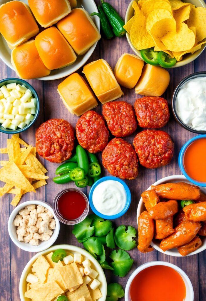 Colorful and delicious Game Day Spread with party foods like nachos, sliders, and wings