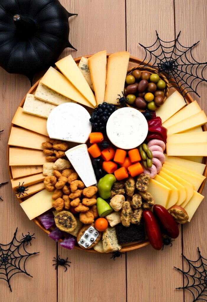 Spooky Halloween snack board styled with themed cheeses, crackers, meats, fruit, and Halloween candy on a festive serving tray.