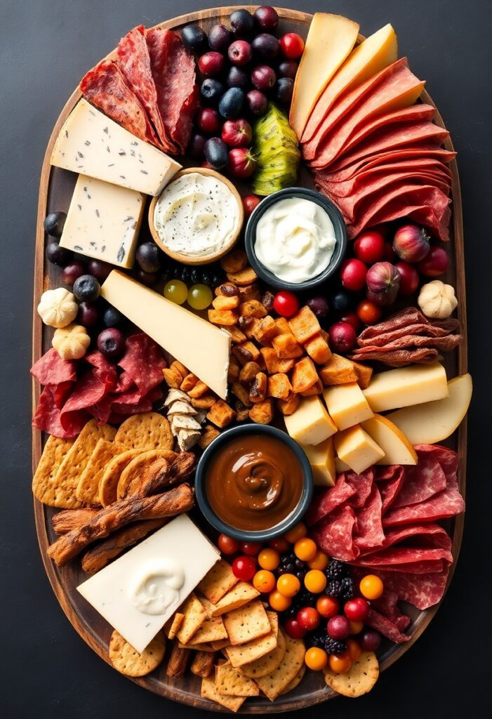 Halloween cheese board featuring themed meats, cheeses, fruits, and spooky details like candy eyeballs and fake spiders.