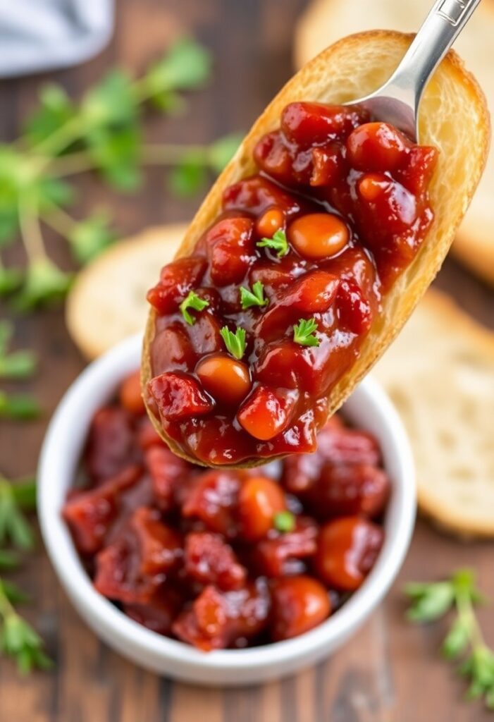 Thick bacon jam spread over crusty bread with knife and small bowl on the side.