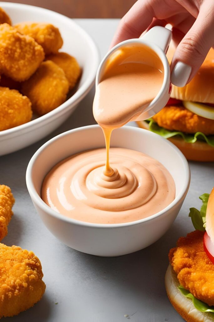 Chick-fil-A sauce drizzled over a chicken sandwich with a side of fries.
