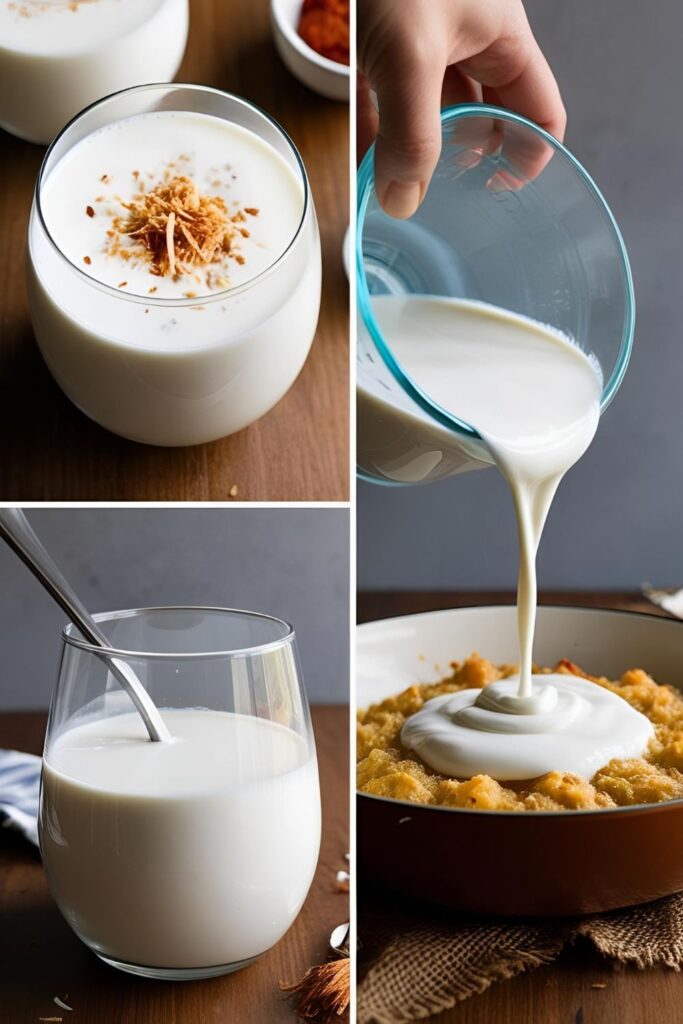 A bowl of homemade coconut milk with a spoon and coconut pieces.