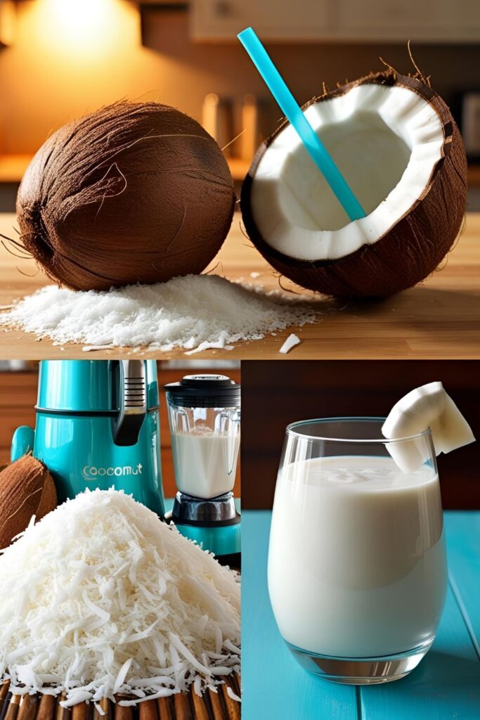 Homemade coconut milk in a mason jar with coconut flakes around.