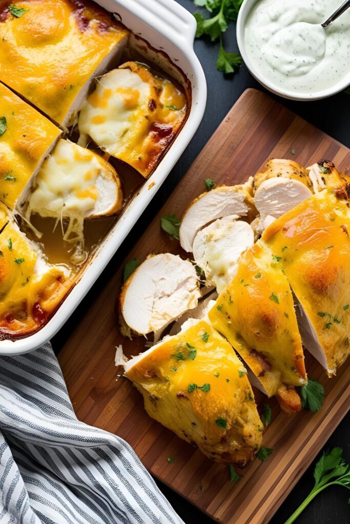 A whole homemade Costco Chicken Bake on a cutting board with a side of Caesar dressing.