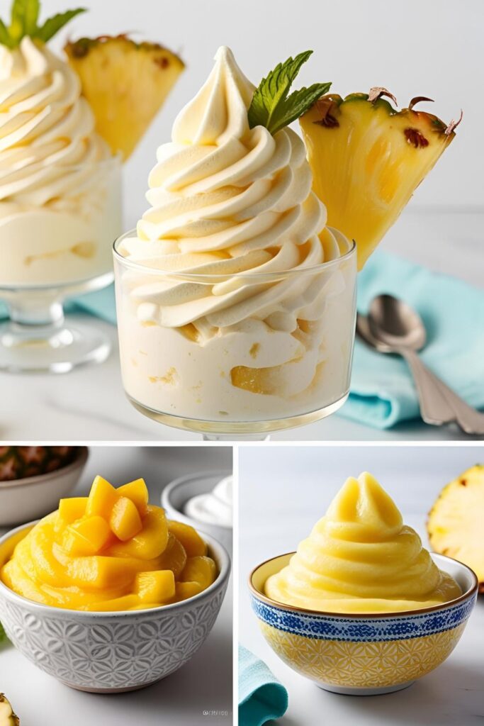 Two bowls of homemade Disney Dole Whip, one classic pineapple and one mango variation."