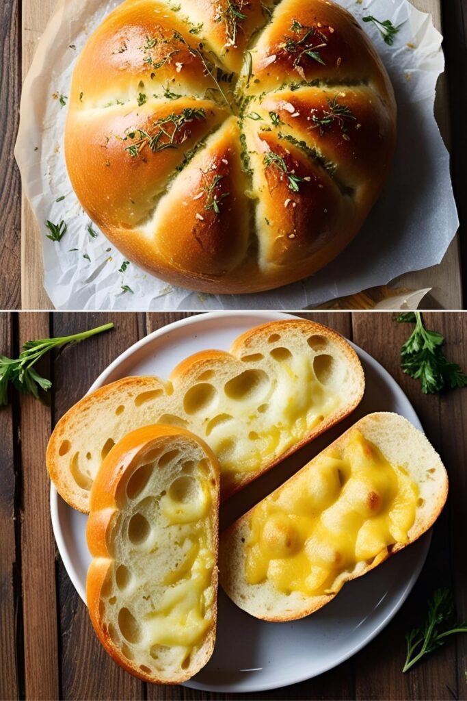 Flat lay of freshly baked Domino's style garlic bread, surrounded by ingredients like garlic cloves, butter, and parsley for a cozy kitchen vibe.