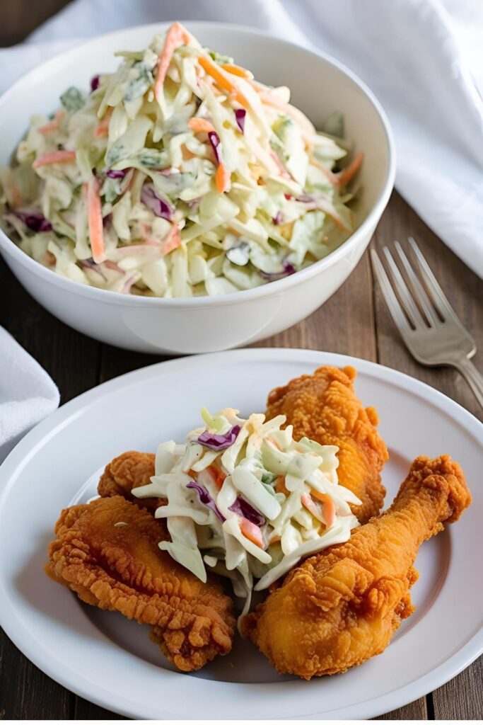 "Close-up shot of KFC-style coleslaw with creamy dressing and finely shredded vegetables in a rustic serving bowl."