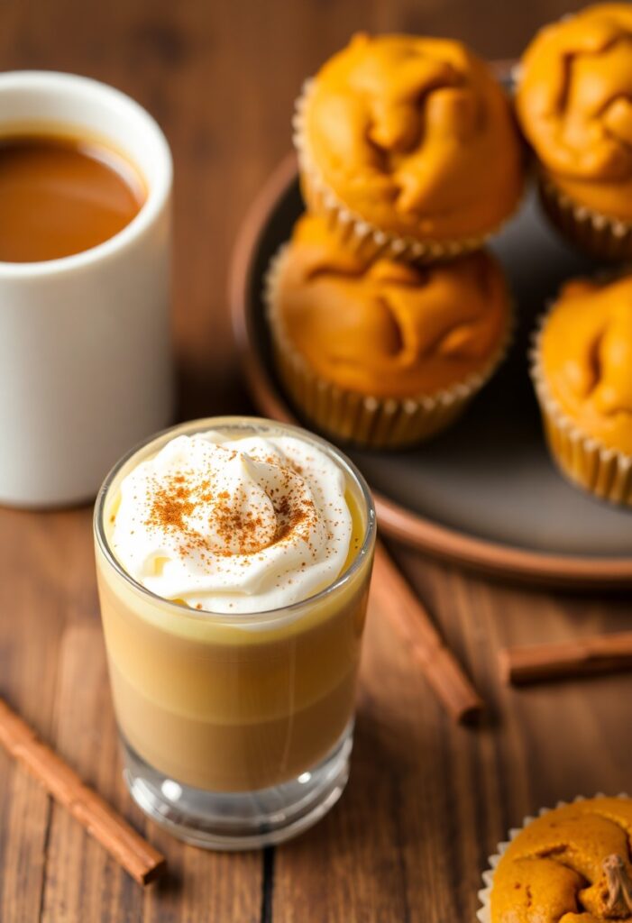 A rustic kitchen scene with a labeled jar of pumpkin spice, cinnamon sticks, cloves, and a pumpkin in soft fall lighting.