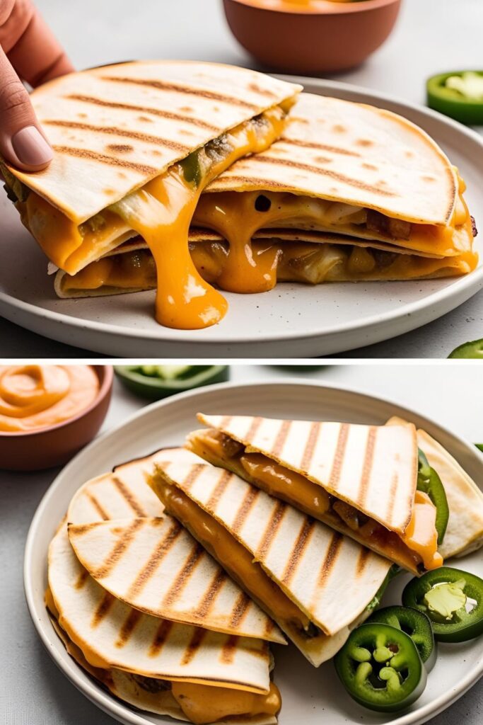 Cheesy Taco Bell quesadilla with golden brown tortilla and spicy jalapeño sauce on the side
