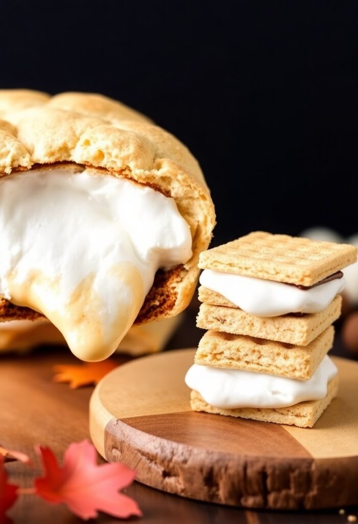 Overhead view of indoor s'mores arranged on a rustic wooden tray, showing close-up textures of graham crackers and melted chocolate.