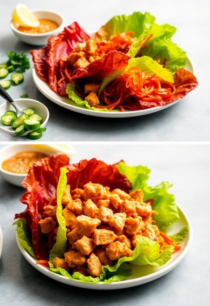 Crispy lettuce cups stuffed with savory chicken mixture, styled beautifully for a homemade PF Chang’s experience.