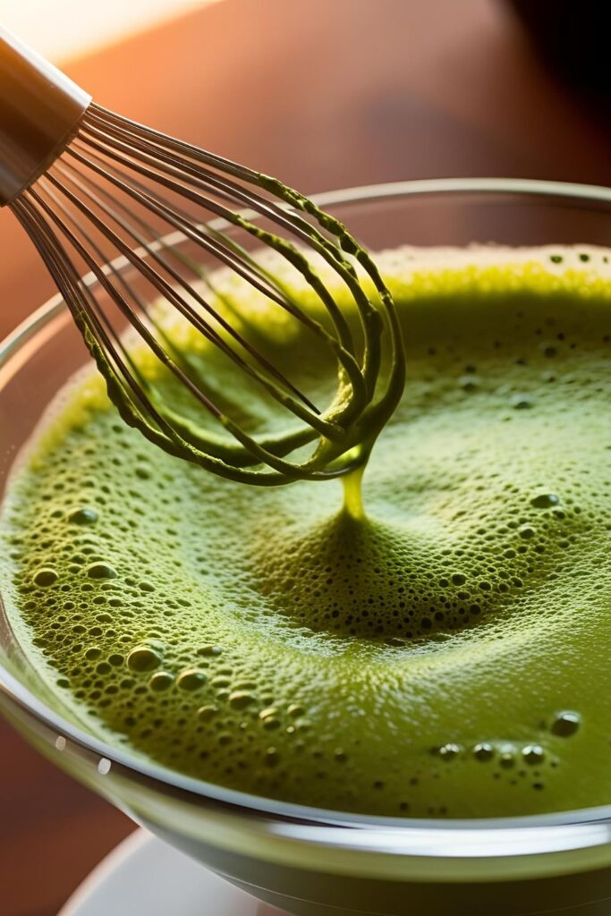 A close-up of a frothy matcha latte, highlighting the vibrant green color and creamy texture.