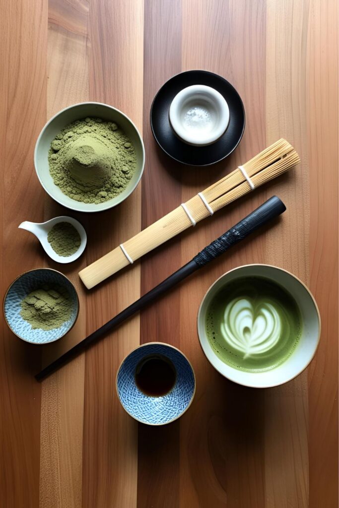 A step-by-step guide to making matcha at home, featuring tools and ingredients laid out on a kitchen counter.