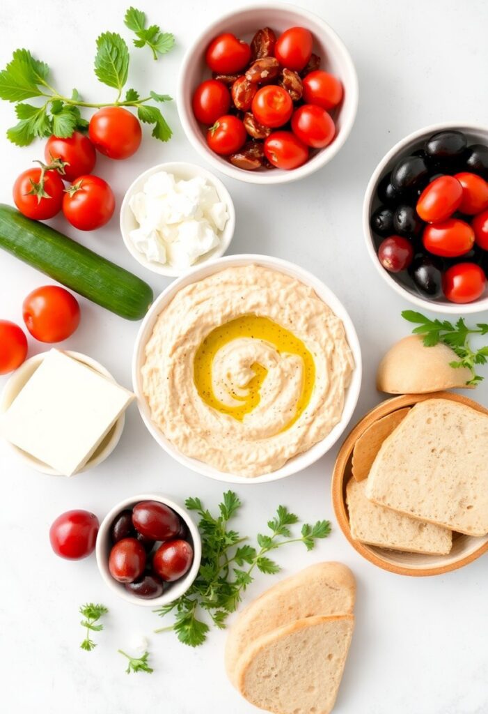 Rustic Mediterranean mezze spread filled with colorful dips, fresh veggies, olives, and warm pita bread.